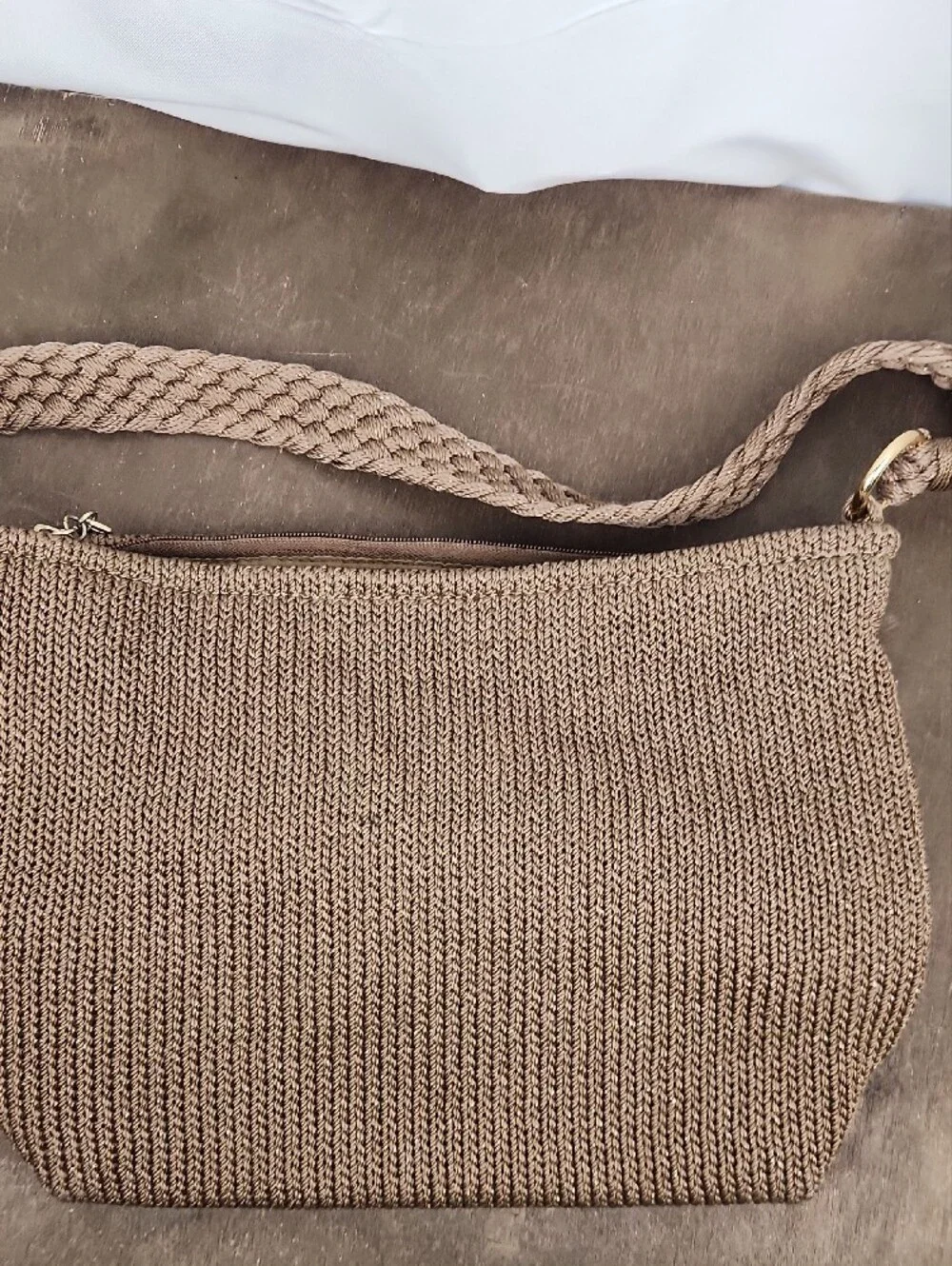 Lina Crochet Braided Boho Shoulder Bag - Cappuchino/Gold Thread